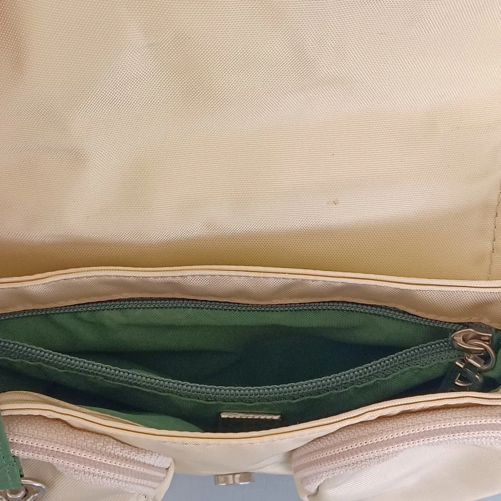 Bogner Tan Nylon Leather Buckle Baguette Shoulder‎ Bag Silver Chain Strap Y2K